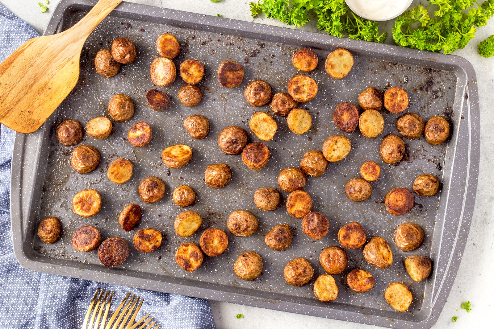 A sheet pan of roasted Little Potatoes.