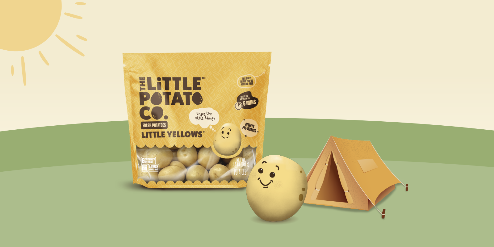 A little yellow Spuddie in front of a tent and a bag of Little Potatoes.
