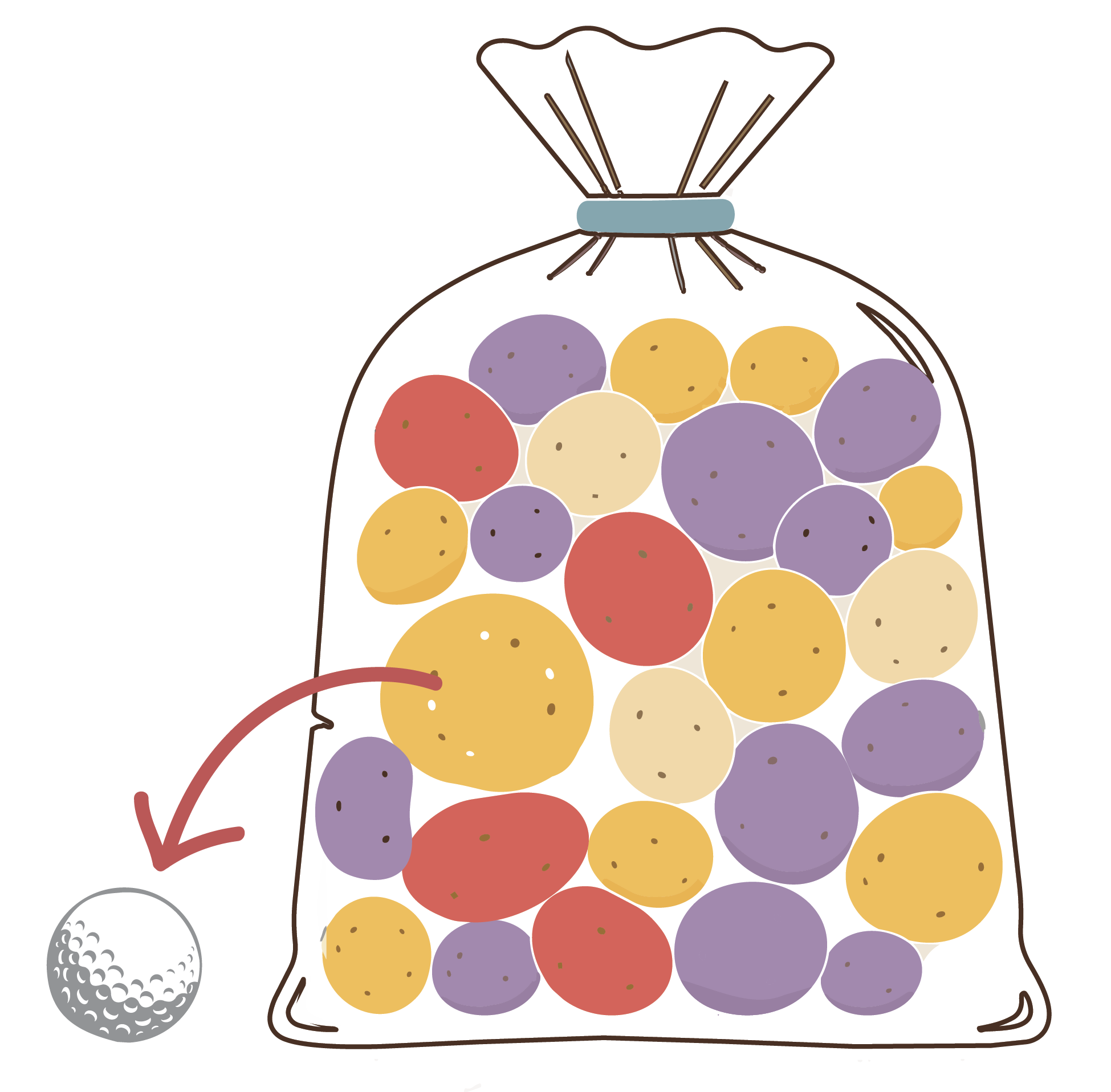 An illustrated bag of potatoes with a golf ball next to it to indicate what size the potatoes should be.
